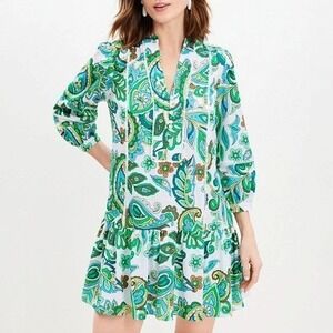 LOFT Paisley Split Neck 3/4 Sleeve Swing Dress Size Medium